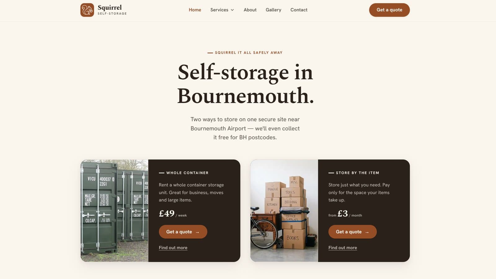 Squirrel Self-Storage website homepage